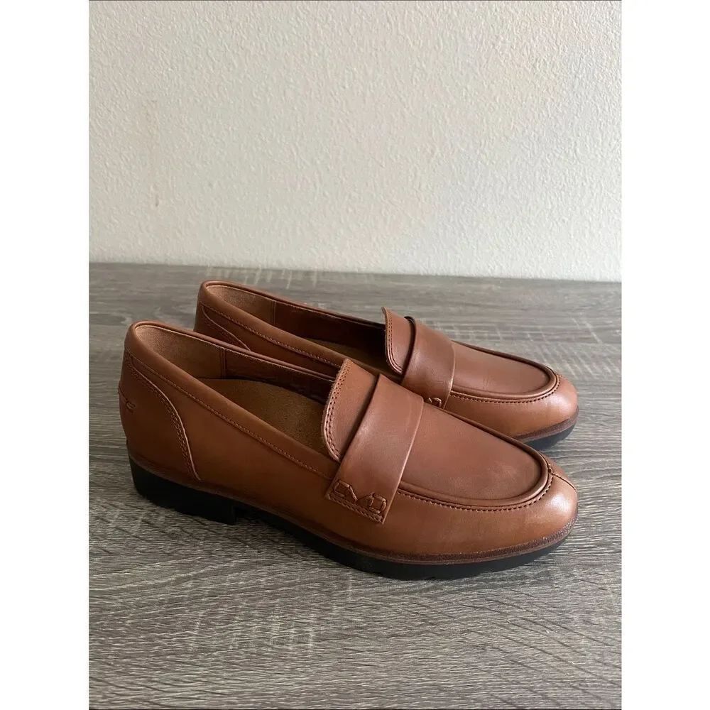 Vionic Cognac Leather Penny Loafers Comfort Moc Toe Shoes Size 9M